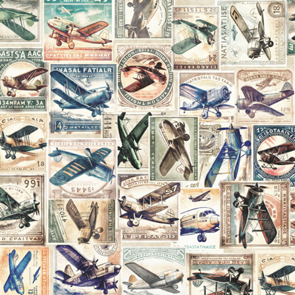 QT Fabrics Flying High 30051-X Multi Vintage Airplane Collage Stamps | Per Half-Yard