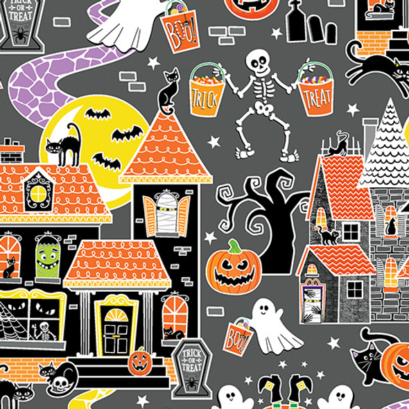 Benartex Chills & Thrills Glow in the Dark Halloween 14613G-08 Trick or Treat Grey | Per Half Yard