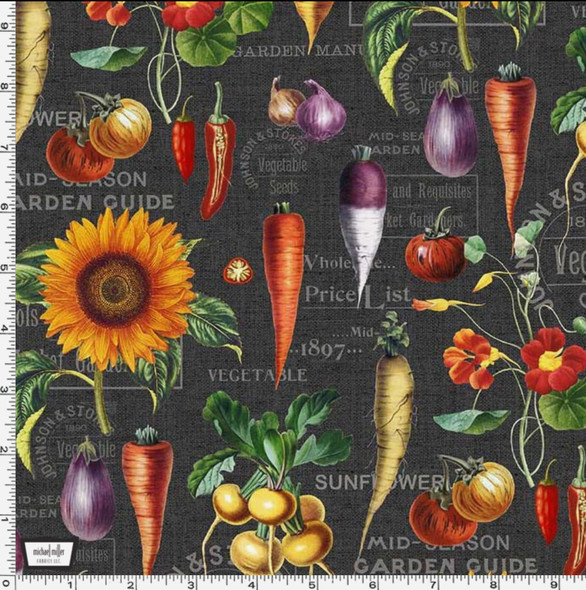Michael Miller Garden Variety DCX11530 Charcoal Garden Guide Vegetables Sunflowers | Per Half Yard