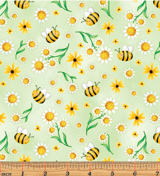 Benartex Sunshine Days 14323-44 Daisies and Bees Green | Per Half Yard