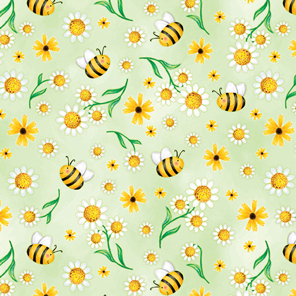 cute illustrated daisies and bees on green ((fabric)
