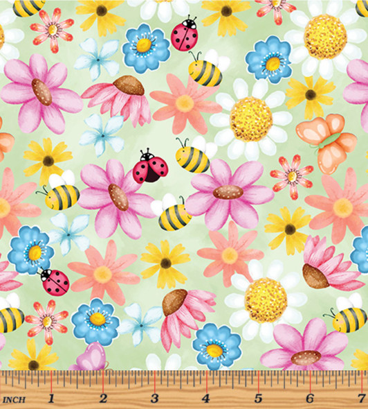 Benartex Sunshine Days 14330-44 Sunshine Garden Green Ladybugs Bees Daisies Flowers | Per Half Yard