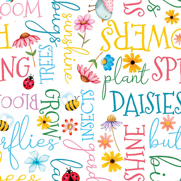 Benartex Sunshine Days 14326-09 Sunny Words White Bees Ladybugs Daisies Flowers | Per Half Yard