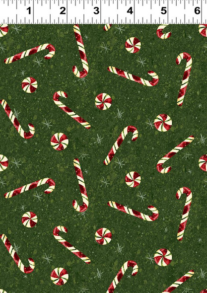 Clothworks Gingerbread Christmas Candy Canes Y4124-112 Light Forest Green | Sold By Half-Yard