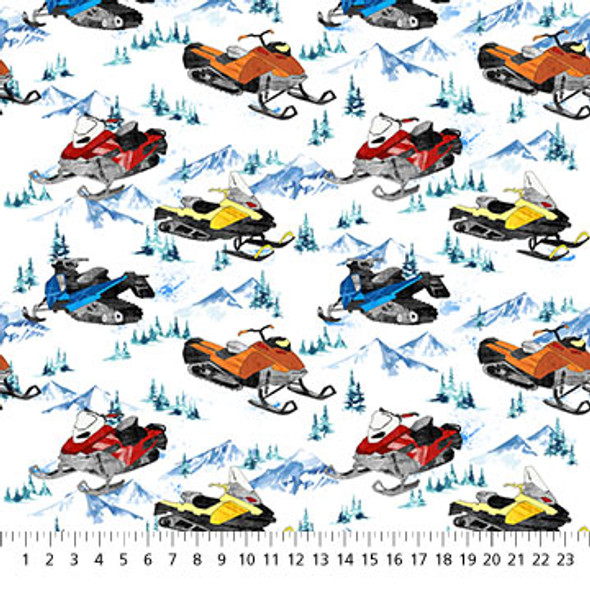 Northcott Winter Sports 27243-10 White Multi Snowmobiling | Per Half Yard