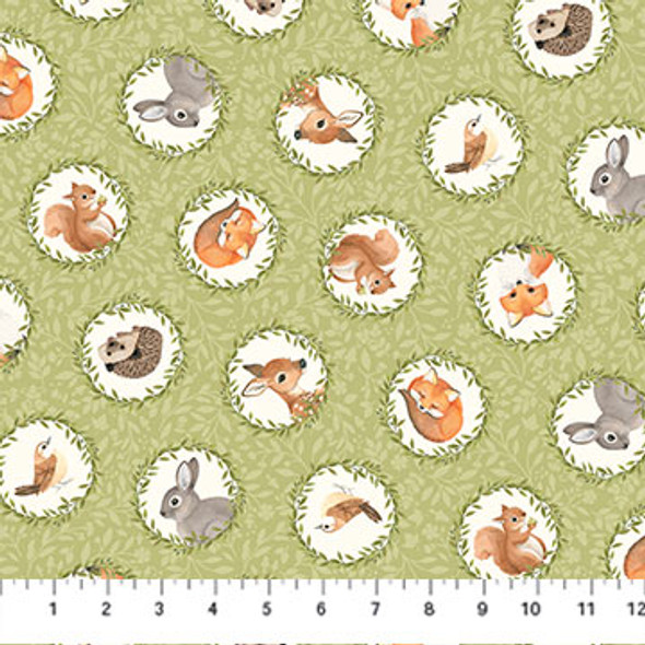 Northcott Woodland Babes Green Multi Tossed Circles Baby Wildlife DP27170-72 | Per Half Yard