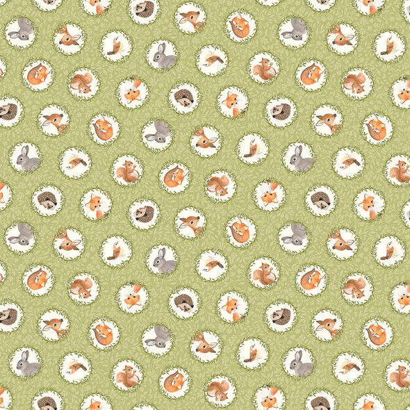 Northcott Woodland Babes Green Multi Tossed Circles Baby Wildlife DP27170-72 | Per Half Yard