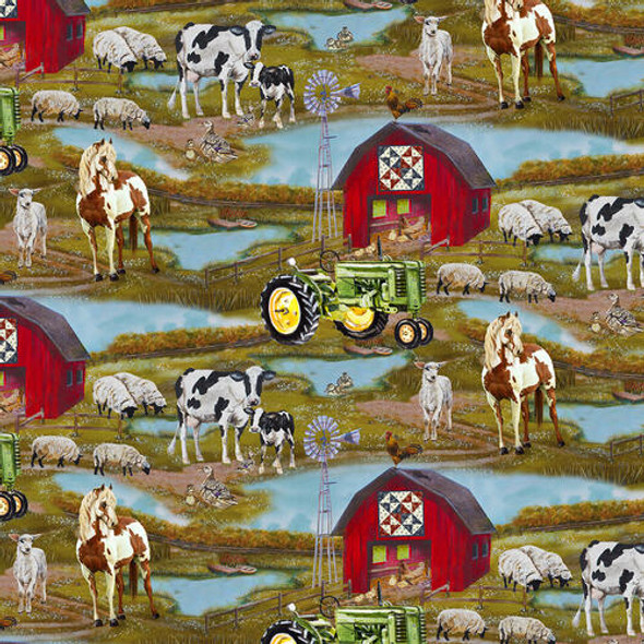 Down On The Farm Quilt Barn Scene Horses Cows 9663-66 Green by Henry Glass - Per Half Yard