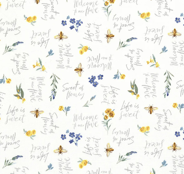 Bees & Blooms 89285-154 Words All Over White by Danhui Nai for Wilmington |SOLD BY THE HALF-YARD