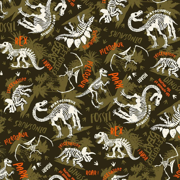 Timeless Treasures Dinosaur Dig CD-3509 Camo Dinosaurs Dino Skeltons with Names Camo Background | SOLD BY THE HALF-YARD