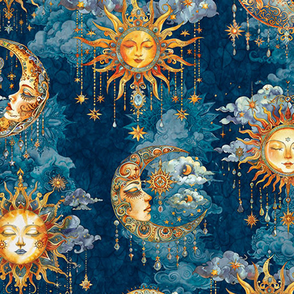 QT Fabrics Bohemian Sunrise Celestial Sky Moon Sun Stars 31090-B Dark Blue | SOLD BY THE HALF-YARD QT Fabrics Bohemian Sunrise Celestial Sky Moon Sun Stars 31090-B Dark Blue | SOLD BY THE HALF-YARD