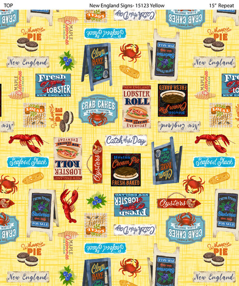 New england signs yellow lobster rolls, clambake, roadside signs