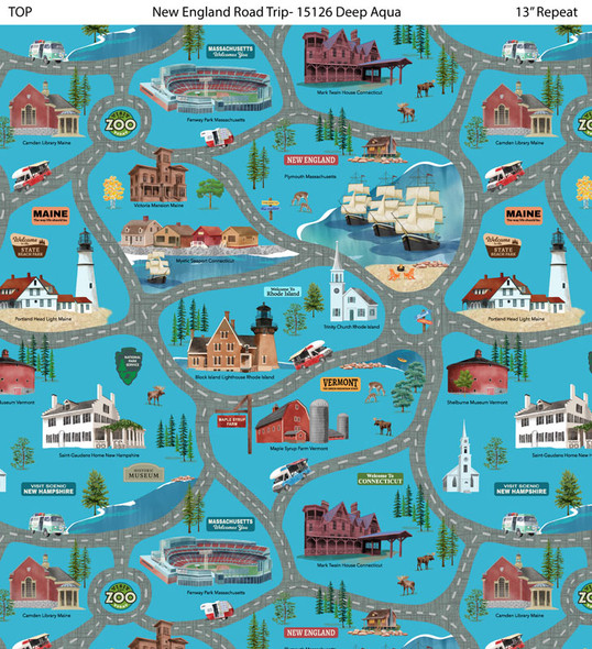 Preorder: 2025 All New England Shop Hop Fabric - New England Road Trip Deep Aqua 1512-684 | SOLD BY THE HALF-YARD
