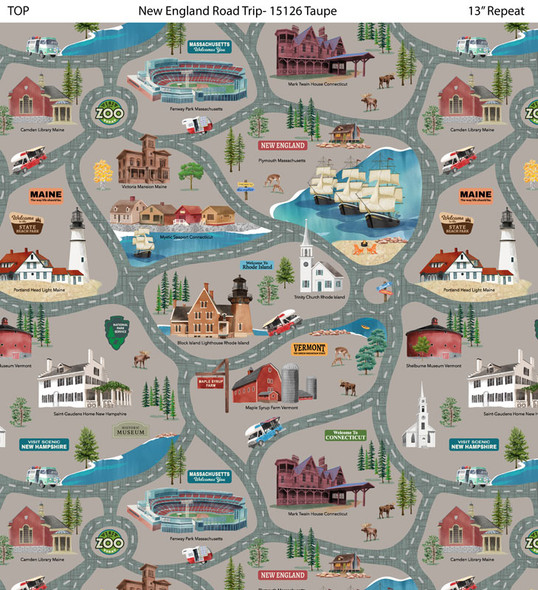 Preorder: 2025 All New England Shop Hop Fabric - New England Road Trip Taupe 1512-672 | SOLD BY THE HALF-YARD