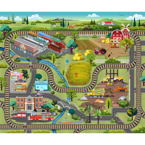 Clothworks Let's Go! Digital 36" Play Mat Panel Trains Farms Vehicles | 100% Cotton Canvas Clothworks Let's Go! Digital 36" Play Mat Panel Trains Farms Vehicles | 100% Cotton Canvas