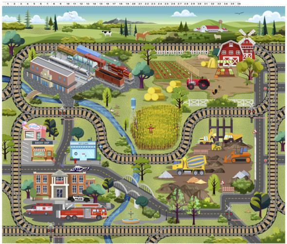 Clothworks Let's Go! Digital 36" Play Mat Panel Trains Farms Vehicles | 100% Cotton Canvas Clothworks Let's Go! Digital 36" Play Mat Panel Trains Farms Vehicles | 100% Cotton Canvas