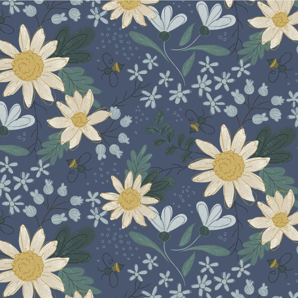 Clothworks Honeybee Large Sunflowers Bees Digital Y4455-89 Denim Blue | SOLD BY THE HALF-YARD