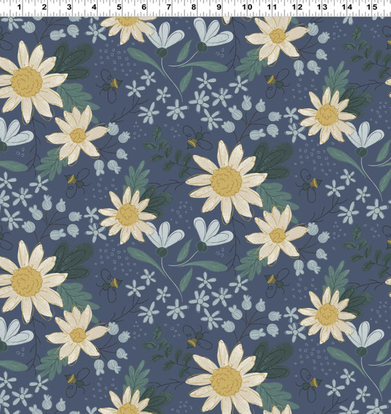 Clothworks Honeybee Large Sunflowers Bees Digital Y4455-89 Denim Blue | SOLD BY THE HALF-YARD