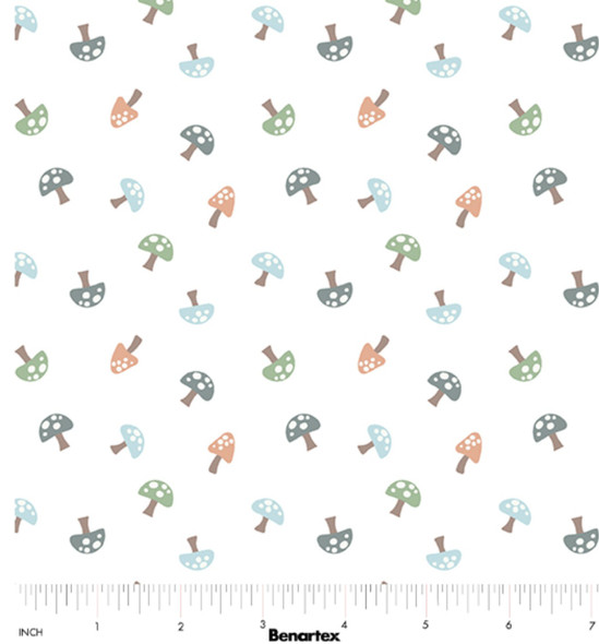 Benartex Cozy Forest Comfort Flannel 14714F-09 Forest Mushrooms White | SOLD BY THE HALF-YARD