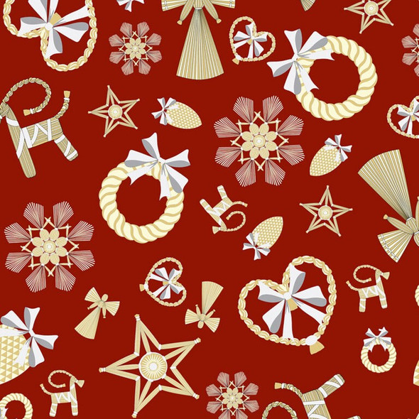 Lewis & Irene Norwegian Christmas AC7A Straw Decorations Large on Red | SOLD BY THE HALF-YARD