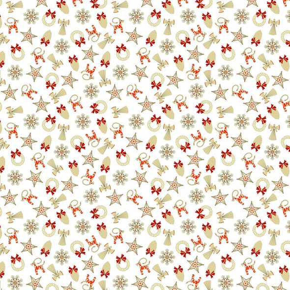 Lewis & Irene Norwegian Christmas AC11A Straw Decorations on White | SOLD BY THE HALF-YARD