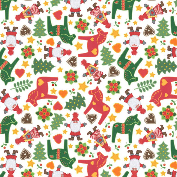 Lewis & Irene Tomten's Folklore Christmas CE41 Tomtens and Horses on White | SOLD BY THE HALF-YARD