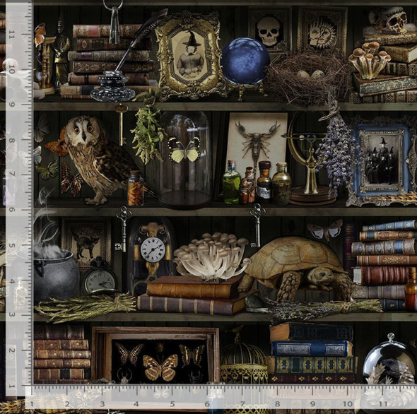 Timeless Treasures Mad Scientist Witch Apothecary Book Shelf LIBRARY-CD2877 BROWN| SOLD BY THE HALF-YARD