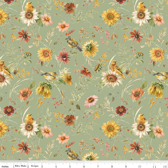 Riley Blake Sunflower Whispers CD16671 Green Prairie Flowers Birds | SOLD BY THE HALF-YARD
