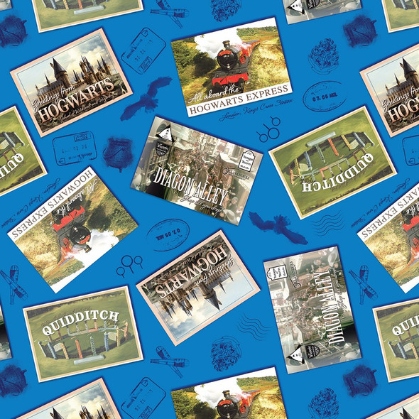 Benartex Harry Potter Postcards Royal Blue 15215-56 | SOLD BY THE HALF-YARD