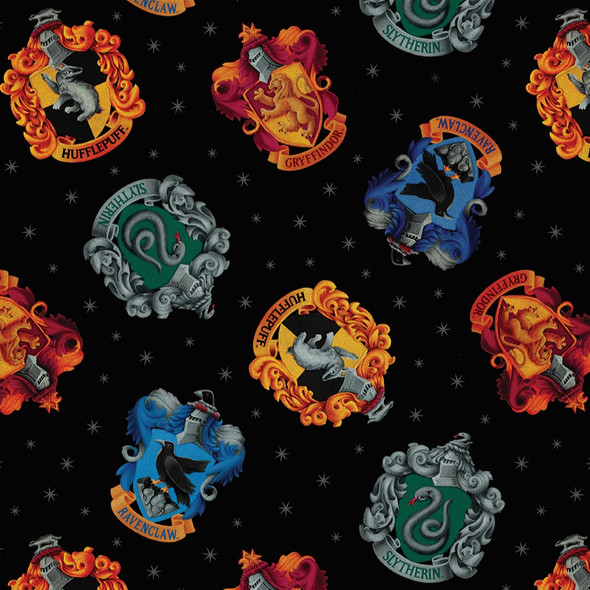 Benartex Harry Potter Hogwarts House Crests Black 15213-12 | SOLD BY THE HALF-YARD