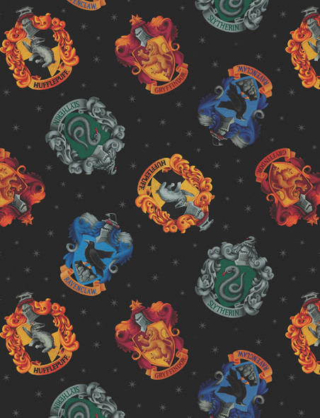 Benartex Harry Potter Hogwarts House Crests Black 15213-12 | SOLD BY THE HALF-YARD