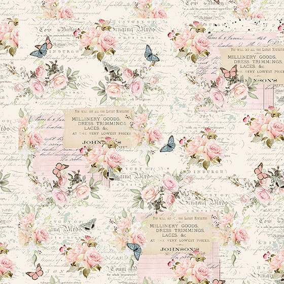 Blank Quilting - Parisian Snippets 4298-41 Ecru Roses with Text | SOLD BY THE HALF-YARD