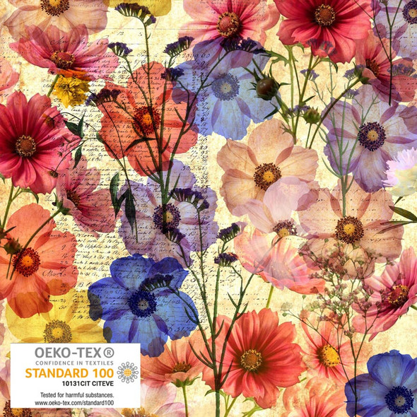 Stof Fabrics - Wistful Blooms 4504-092 Multi Pressed Flowers Antique Text | SOLD BY THE HALF-YARD