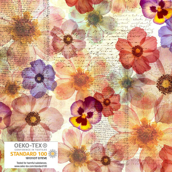 Stof Fabrics - Wistful Blooms 4504-095 Multi Pressed Flowers Antique Text | SOLD BY THE HALF-YARD