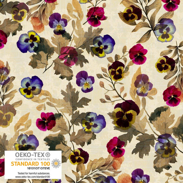 Stof Fabrics - Wistful Blooms 4504-103 Sand Pressed Flowers Antique Text | SOLD BY THE HALF-YARD
