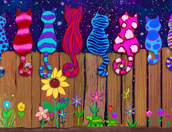 Timeless Treasures Meow You Doing - Colorful Cats on Fence 11" Stripe | SOLD BY THE HALF-YARD