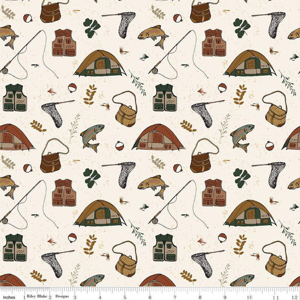Riley Blake Lets Wander C16881 Cream Gone FIshing | SOLD BY THE HALF-YARD