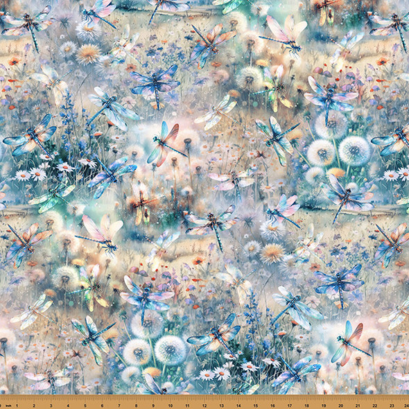 Hoffman Wings Over Wildflowers X5701 D7 Dusty Blue Dragonfly Dandelions Wildflowers| SOLD BY THE HALF-YARD