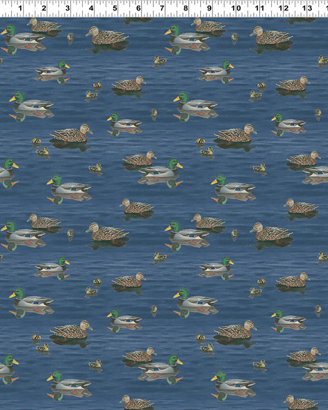 Clothworks Lake & Lodge Y4682-88 Digital Ducks Denim | SOLD BY THE HALF-YARD