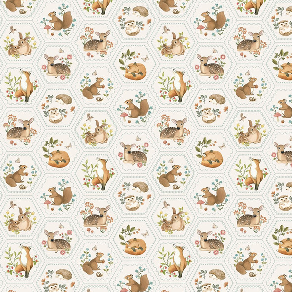Northcott Woodland Heart DP28727-11 Hexie Animals Cream Multi | SOLD BY THE HALF-YARD