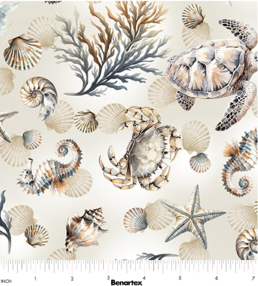 Benartex Coastal Escape 15021-70 Marine Life Neutral | SOLD BY THE HALF-YARD