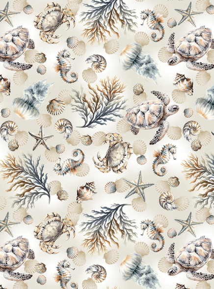 Benartex Coastal Escape 15021-70 Marine Life Neutral | SOLD BY THE HALF-YARD