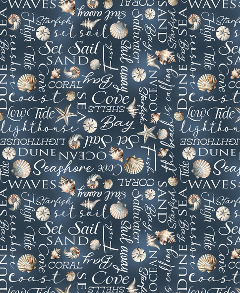 Benartex Coastal Escape 15022-57 Coastal Words Dark Blue | SOLD BY THE HALF-YARD