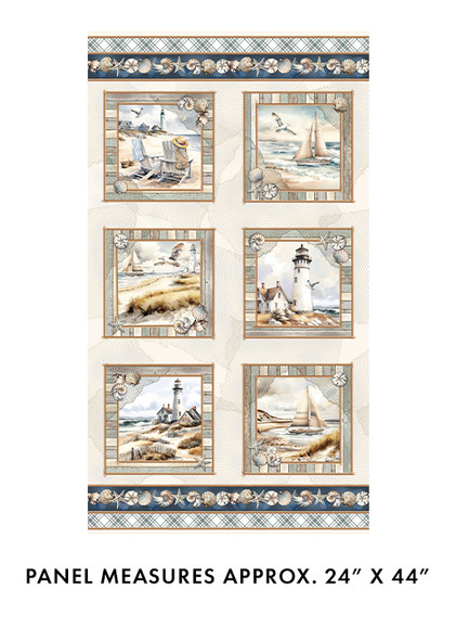 Benartex Coastal Escape PANEL 15023-70 Neutral Coastal Scenes Beach Lighthouse 24"x44"