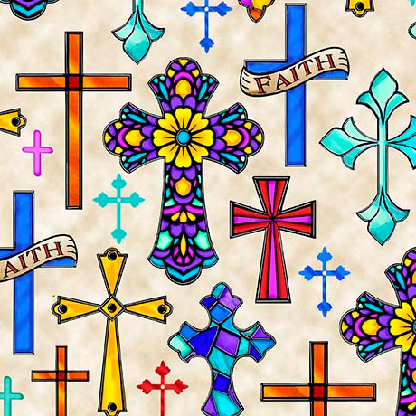 QT Fabrics Guardian Angel Crosses 31682 E Cream Faith | SOLD BY THE HALF-YARD