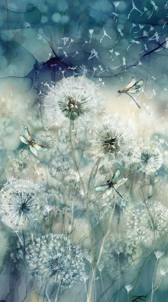 Northcott Whisper PANEL DP28700-68 Dandelions Dragonflies Teal Multi 24" Panel Digital