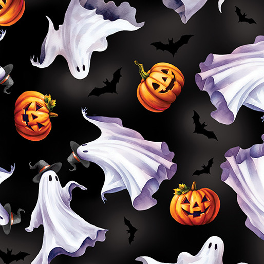 Benartex Ghostly Soiree 15102-12 Ghostly Parade Black Halloween | SOLD BY THE HALF-YARD