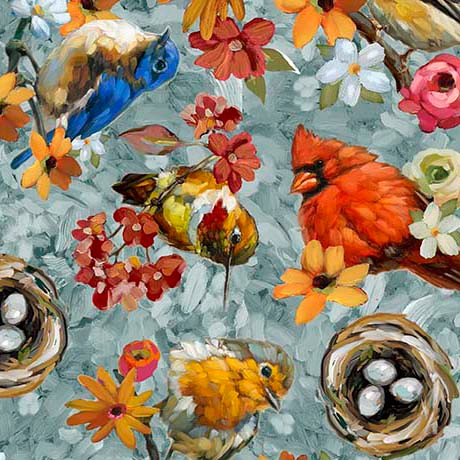 QT Joyful Garden Bird Toss Birds Nests Eggs 31865 B Chambray Blue | SOLD BY THE HALF-YARD