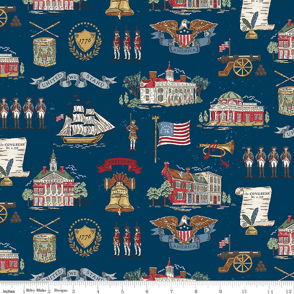 Riley Blake - Independence C17330-Oxford Blue Main 1776 Colonial America Icons | SOLD BY THE HALF-YARD
