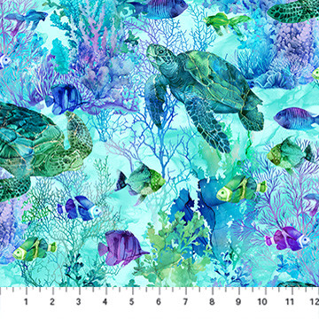 Northcott Coral Reef Digital DP28877-66 Turtle & Fish Turquoise Multi | SOLD BY THE HALF-YARD